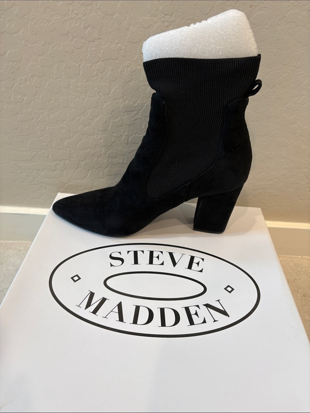 Steve Madden Black Suede Sock Boot with Block Heel
